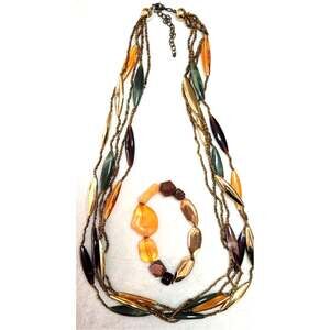 Vtg Multi Strand Chunky Beaded Necklace & Bracelet Earthtone Lucite Acrylic Boho